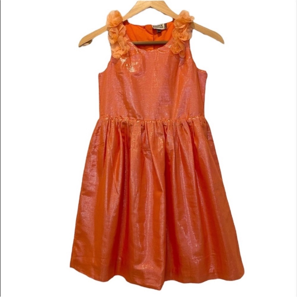 Sophie Catalou Metallic Orange Dress Fit N Flare Flower Details Girls Size 9-10